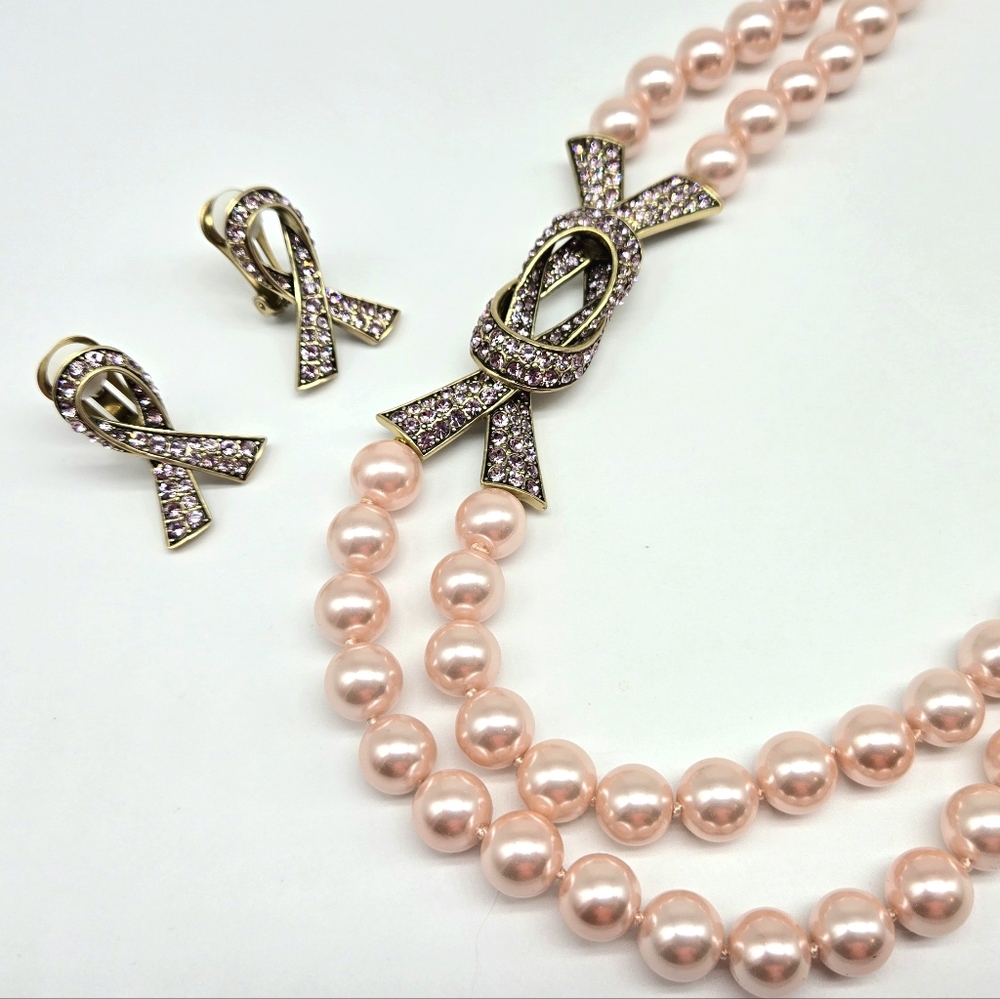 Heidi Daus Swarovski Crystal Breast Cancer Ribbon Necklace and Earring Set